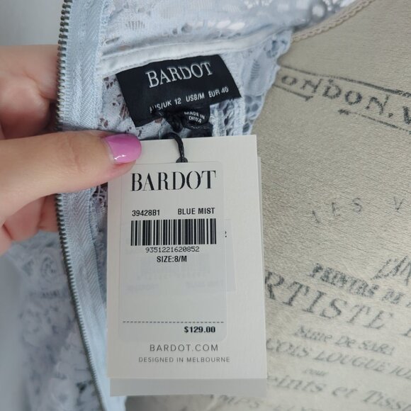 Bardot Lace Dress 8 Medium Blue Midi Pencil - Picture 9 of 10